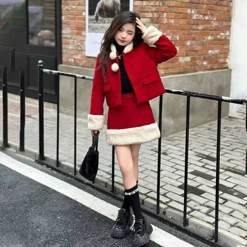 Skirt Set Red Childrens Clothing Girl Setup Autumn Winter Suit for Girls Clothes 8 10 12 Years Old Outfits Sets Fashion Outfit Y251105