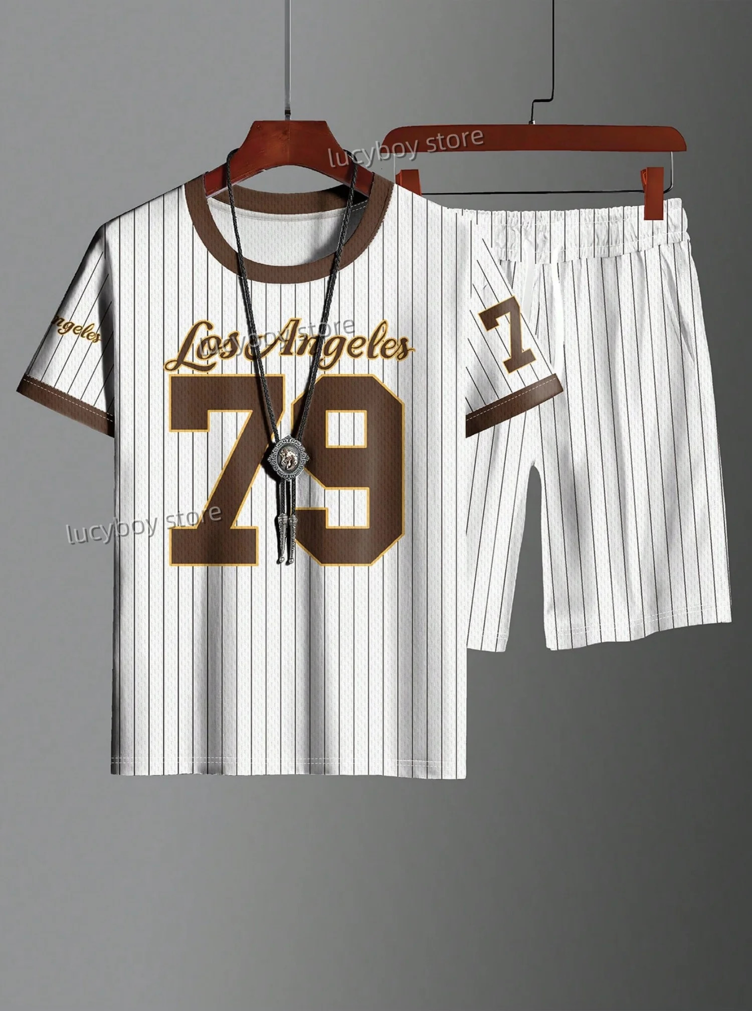 LOSANGELES 79Printed Sport T-shorts Suit Set MenAmerican High Tracksuit Outfit Summer Oversized 2-piece Set 250403