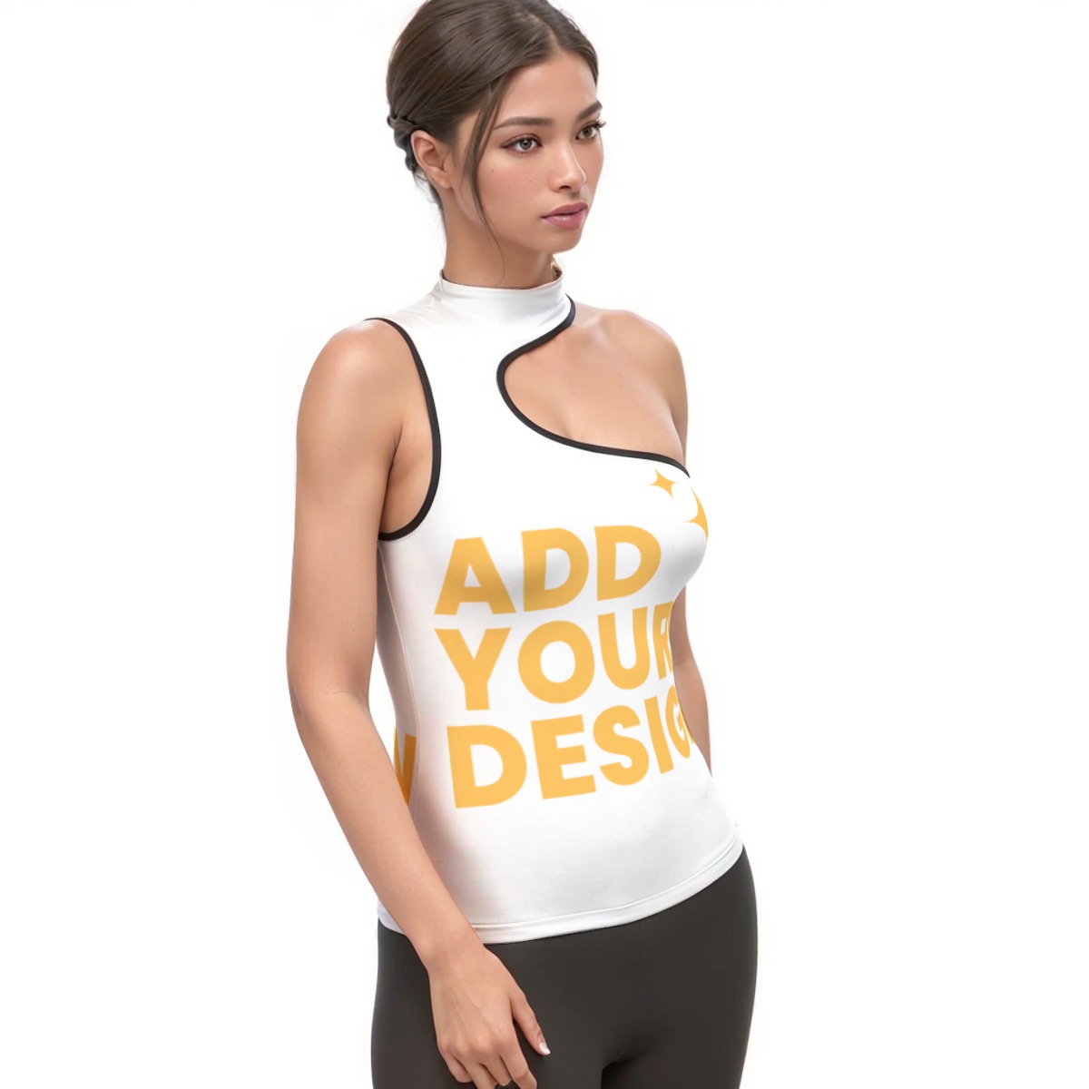 Women's Halter Sleeveless Asymmetrical Tank Top, All-Over Print Workout Top with Black Binding, Medium-Impact Fitness Shirt