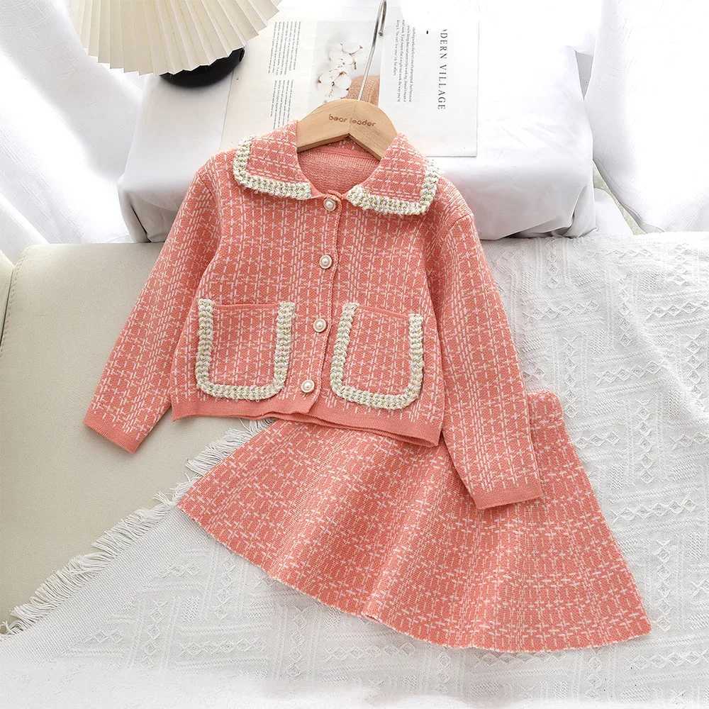 Autumn Winter Fashion Plaid Printed Childrens Set Long Sleeved Pocket Cardigan JacketShort Skirt Sweet Princess Girls Clothes Y251105