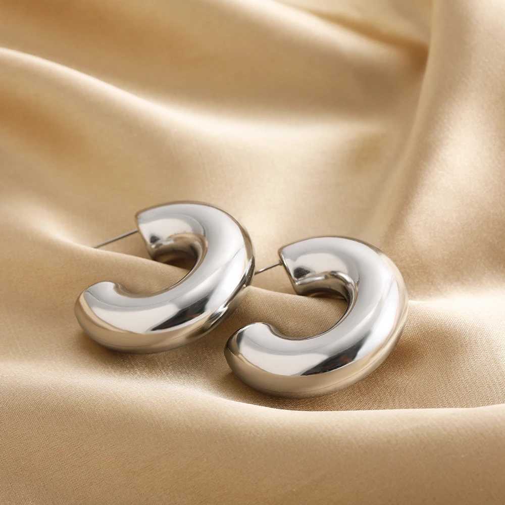 Classic Smooth Round Chunky Hoop Earrings for Women Gold Plated Stainless Steel C Shape Thick Circle Earrings Fashion Jewelry H260403