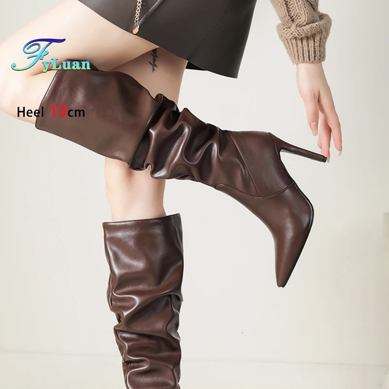 2025 Winter Knee Boots With Heels Woman 10CM Stiletto Fashion Slip on Pointy Autumn Shoes Women Soft Leather Pleated Long Boots 251031