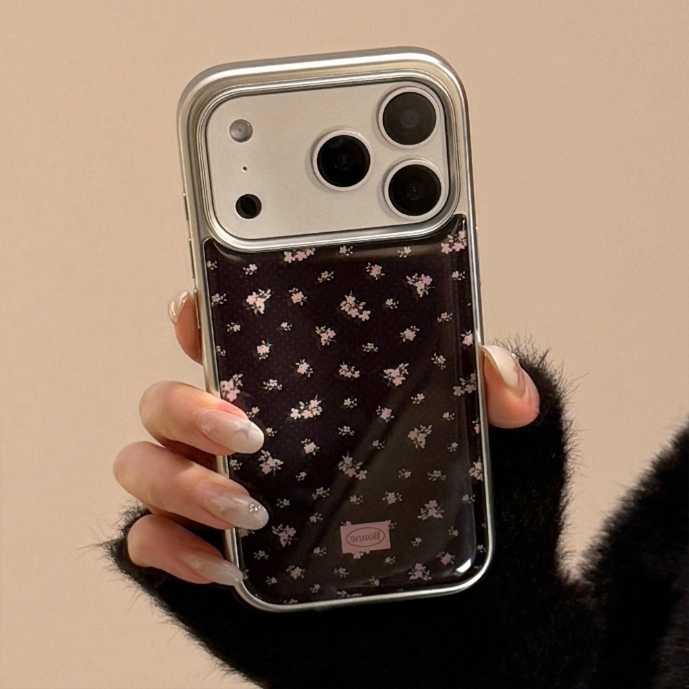 Rose Pink Flower Black Simple Phone Case Compatible with iPhone 17/16 Pro Electroplated Resin Case iPhone 15/14 Niche