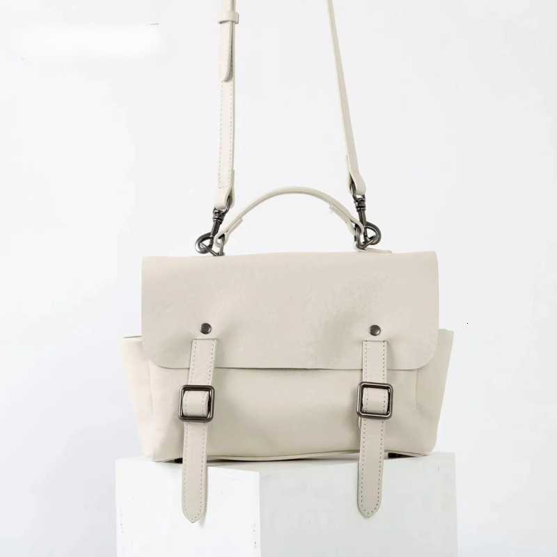 New Retro England Style College Girl Satchel Tote 2 Sizes Beige Vegetable Tanned Cowhide Leather Women Backpack Bookbag