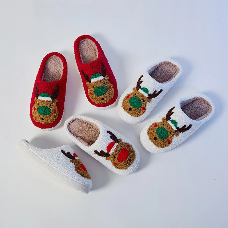 2025 Womens Christmas Reindeer Plush Slippers Winter Warm Comfortable Nonslip Shoes Plush Cute Cartoon Elk Household Shoes 251031