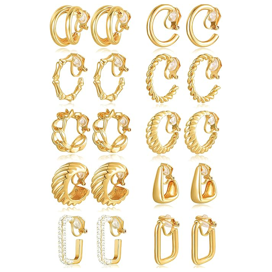 10 Pairs Clip on Hoop Earrings for Women Men Twist Round CZ Chunky Hoop Clip Earring No Piercing Fake Earrings Sets Gold Tone
