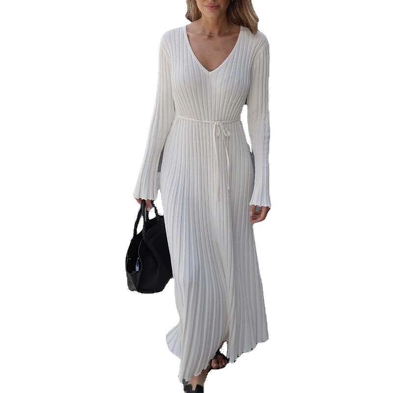 2025 Cross-Border Autumn Winter New Casual Waist-Cinching V-Neck Large Ribbed Slimming Knitted Long Dress for Women