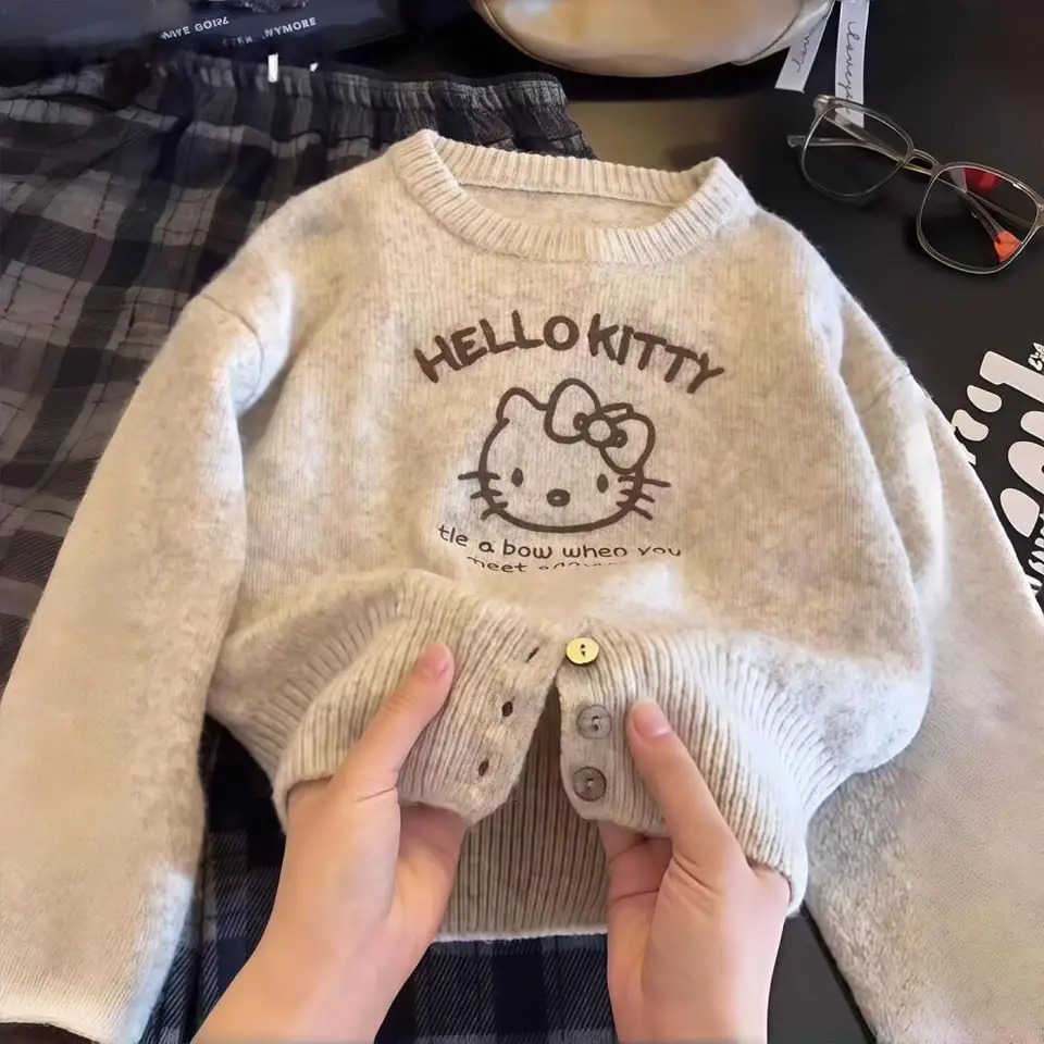 Sanrio Hello Kittys Girls Sweater Autumn Winter New Cartoon Knitted Sweater Bottoming Shirt Jacket Kawaii Childrens Clothing Hoodies H251105
