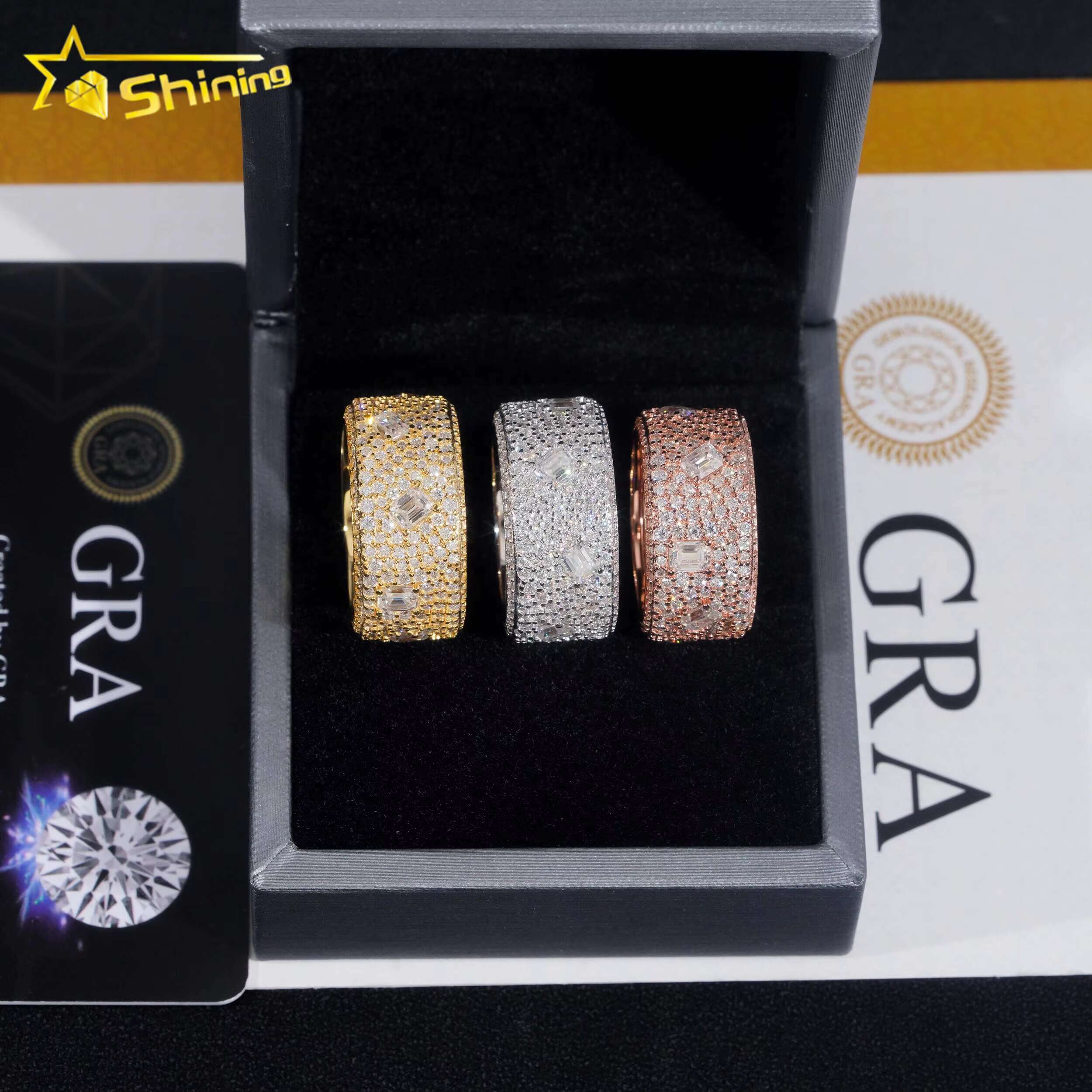 GRA Certificate 925 Sterling Silver Gold Plated Hip Hop Jewelry Baguette Fully Iced Band Rings VVS Moissanite Hip Hop Ring