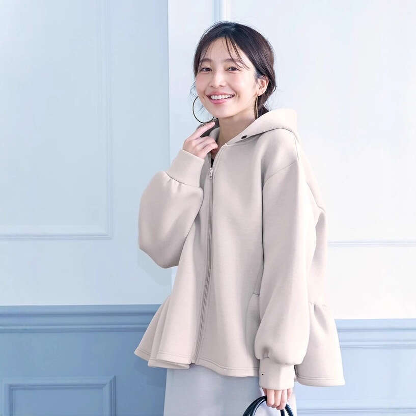 Cross-Border Foreign Trade Japanese Style Loose Age-Reducing Ruffled Hooded Sweatshirt For Women Spring And Autumn Zipper Jacket Top B5
