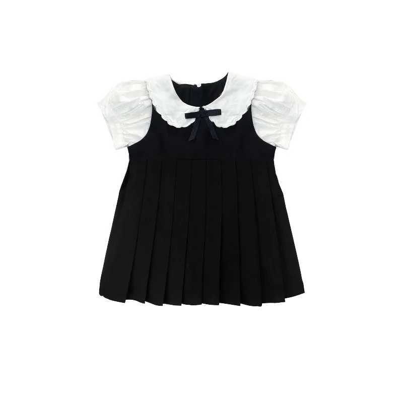 Kid Girl Elegant Dress Ruffled Peter Pan Collar Black Satin Bow Tie Puffy White Sleeves Flared Black Pleated Skirt for Children Y251105
