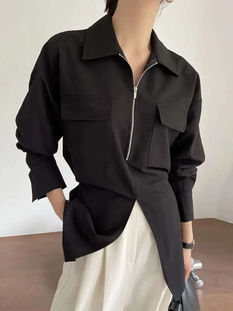 Women White Zipper Pocket Back Bandage Blouse New Lapel Long Sleeve Loose Fit Shirt Fashion Spring Autumn 2025 1Df1491