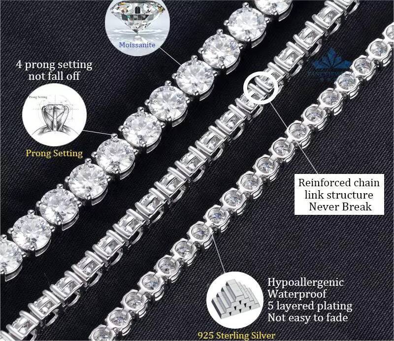 925 Sterling Silver Fine Jewelry Bracelet Mens Womens Hip Hop Iced Tennis Chain VVS Moissanite Diamond Elegant Stylish Bangles