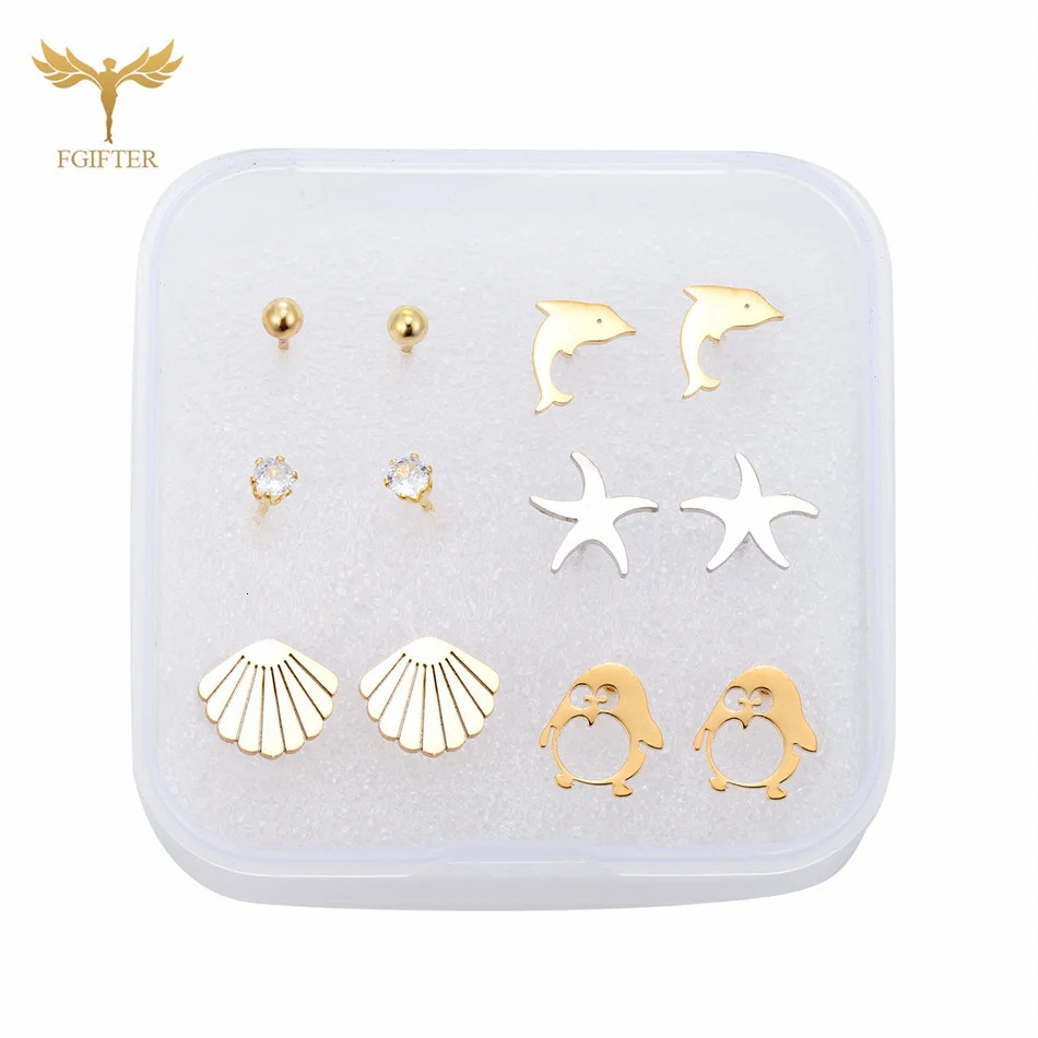 6 Pairs Small Stainless Steel Stud Earrings Set Cute Animal Fish Dolphin Shell Starfish Turtle Ball Girls Jewelry Christmas Gift 251104