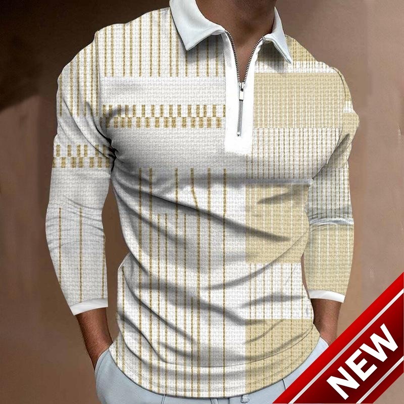 Autumn new mens solid color striped printed zipper polo mens polo shirt long sleeved T-shirt men