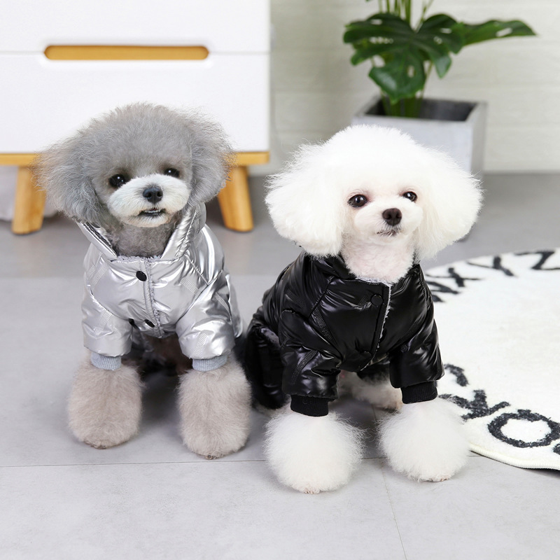 Shiny Padded Pet Jumpsuit with Hood, Waterproof Four-Legged Winter Coat for Small Dogs & Cats, Warm Puffer Outfit for Chihuahua, Teddy & Kittens, Silv