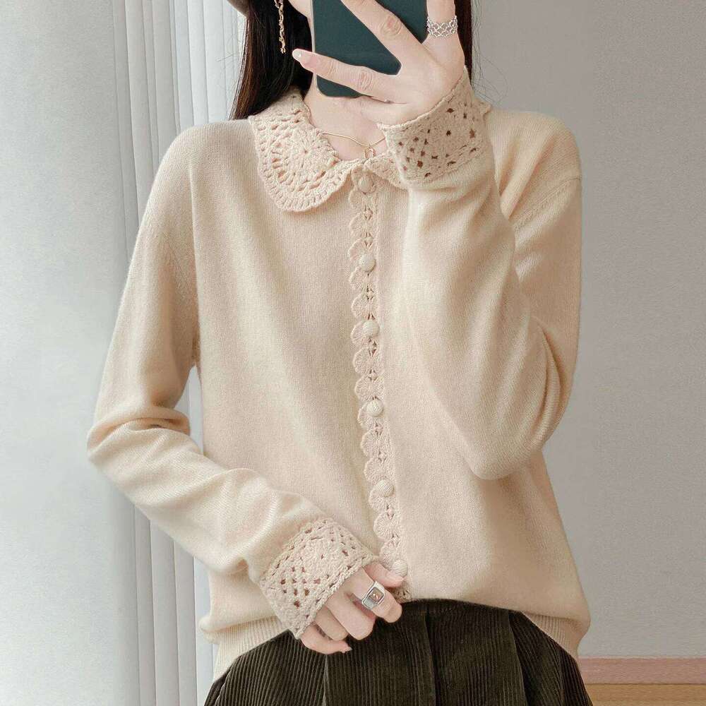 Women's Autumn Winter 100% Pure Wool Cardigan Polo Neck Embroidery Openwork Crocheted Loose Cashmere Sweater Coat Women Sweater Designer Sweater 