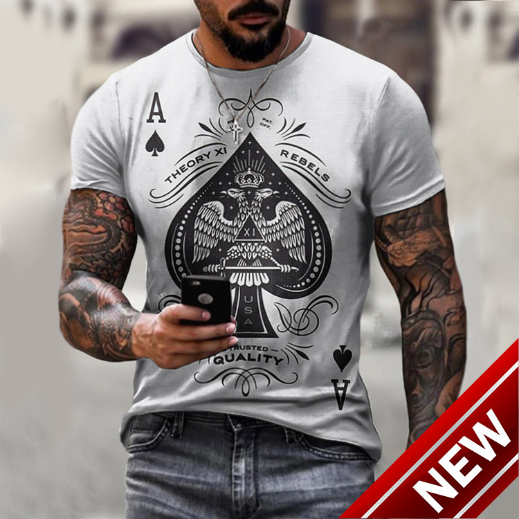 Mens T-shirt with loose and casual personality new poker card print mens top T-shirt in large size