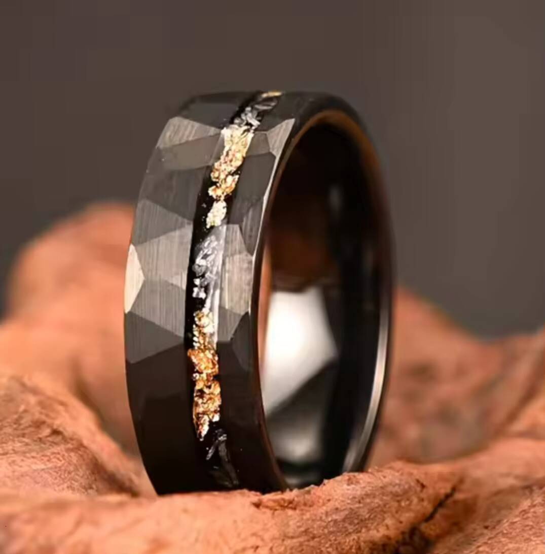 8mm 6mm Meteorite and Gold Leaf Inlay Ring Black Hammered Solid Tungsten Wedding Mens Band Ring Tungsten Wedding Ring Sets