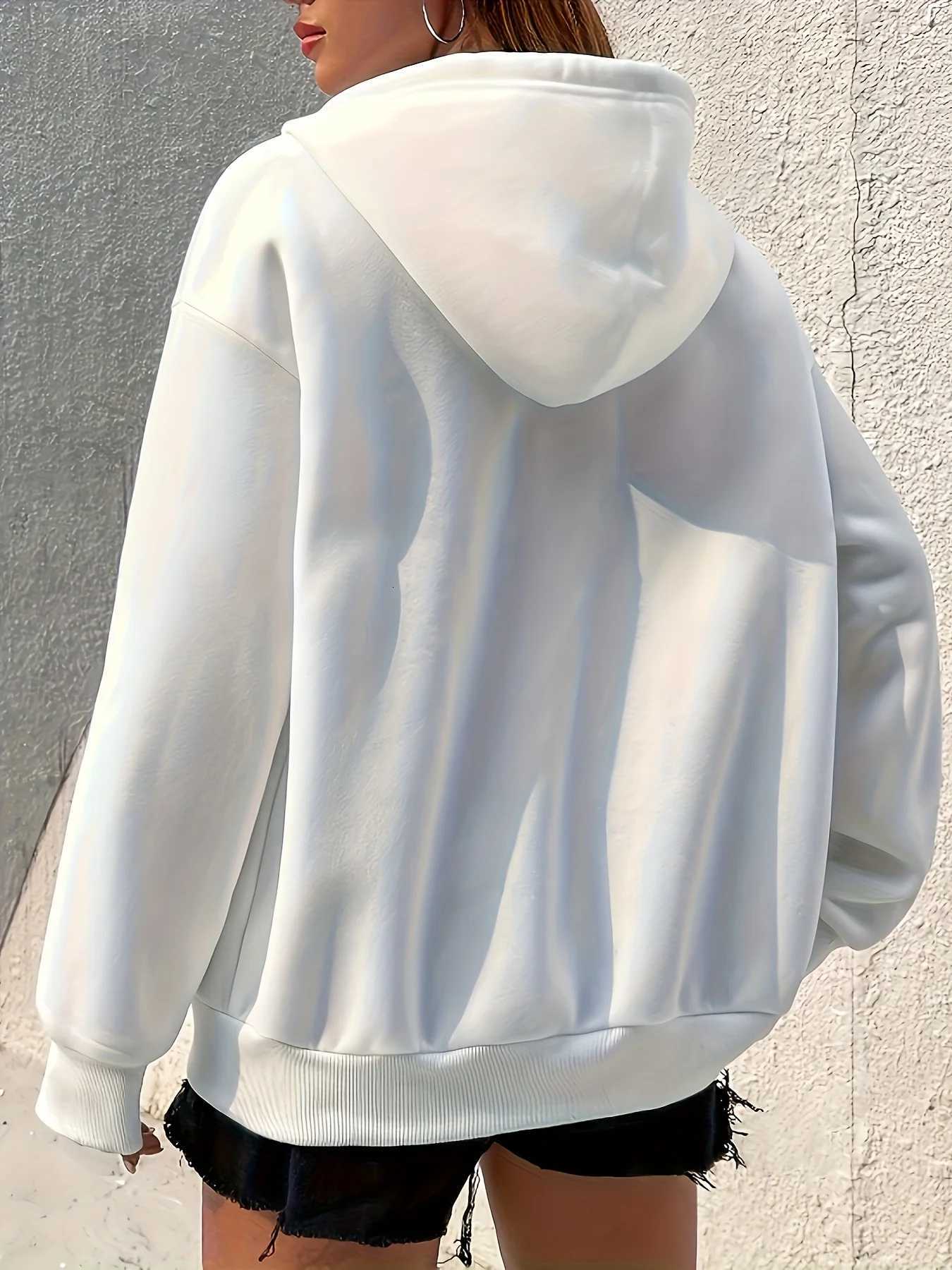 Womens Hoodie - Cozy Brown Zip-Up with White Print Casual Long Sleeve Sweatshirt Drop Shoulder Design Relaxed Fit Winter WT251105