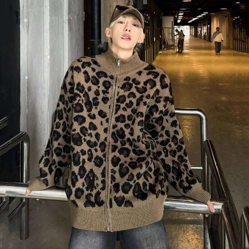 American Vintage Leopard Print New Sweater Knit Cardigan Y2k Gothic College Men And Women Loose Lazy Wind Casual Joker Coat Designer Sweater Bear Swea