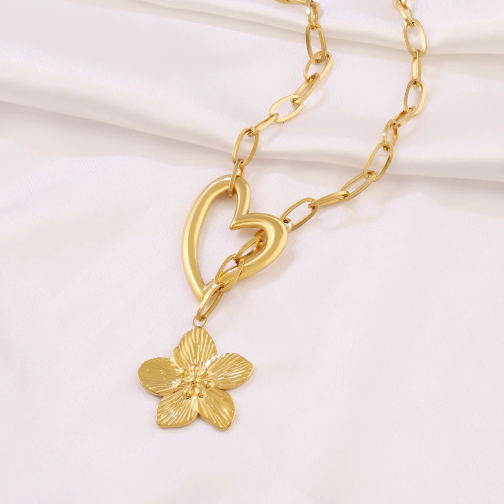 316L Stainless Steel Flower Pendant Long Chain Necklace For Women Punk Heart Charms Chain Necklaces Jewelry 251031
