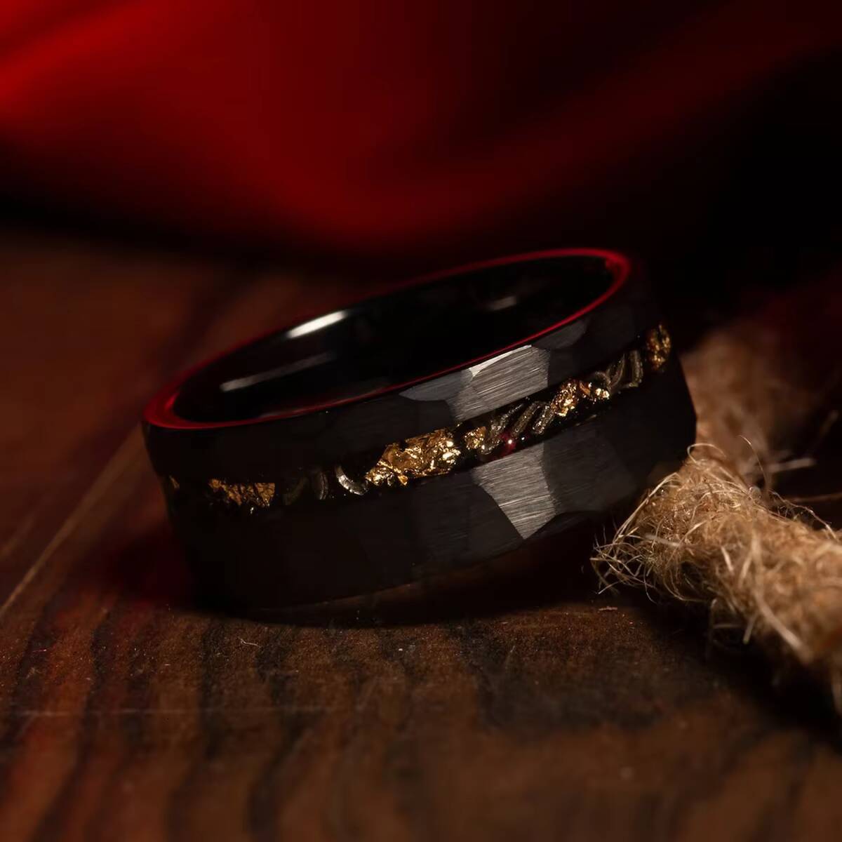 8mm 6mm Meteorite and Gold Leaf Inlay Ring Black Hammered Solid Tungsten Wedding Mens Band Ring Tungsten Wedding Ring Sets