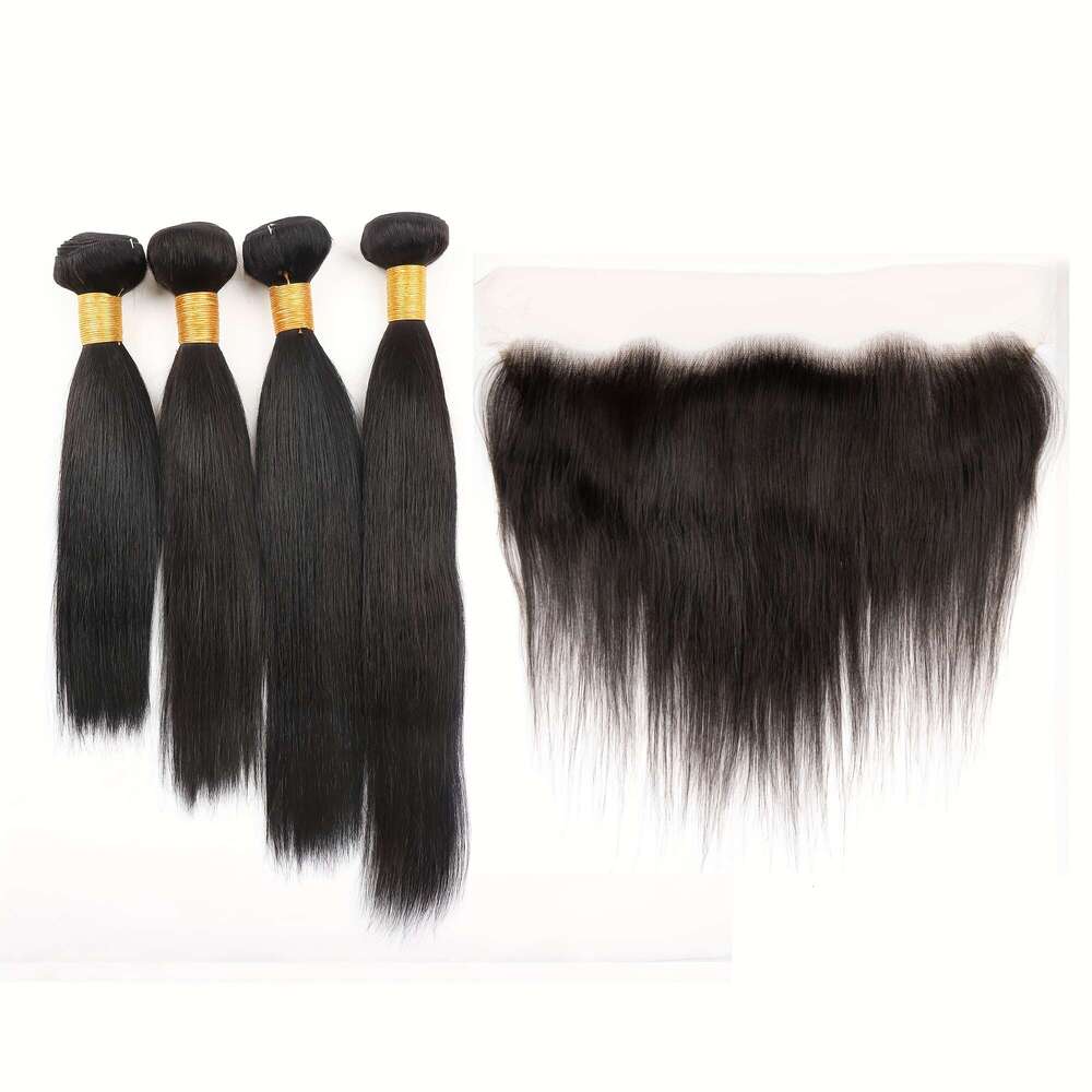 4 Bundles Brazilian Straight Human Weave With 13X4 Lance Closure - Natural Black Remy Men &, Full For African, Scalp Low-Ponytail Styles, Volume Densi