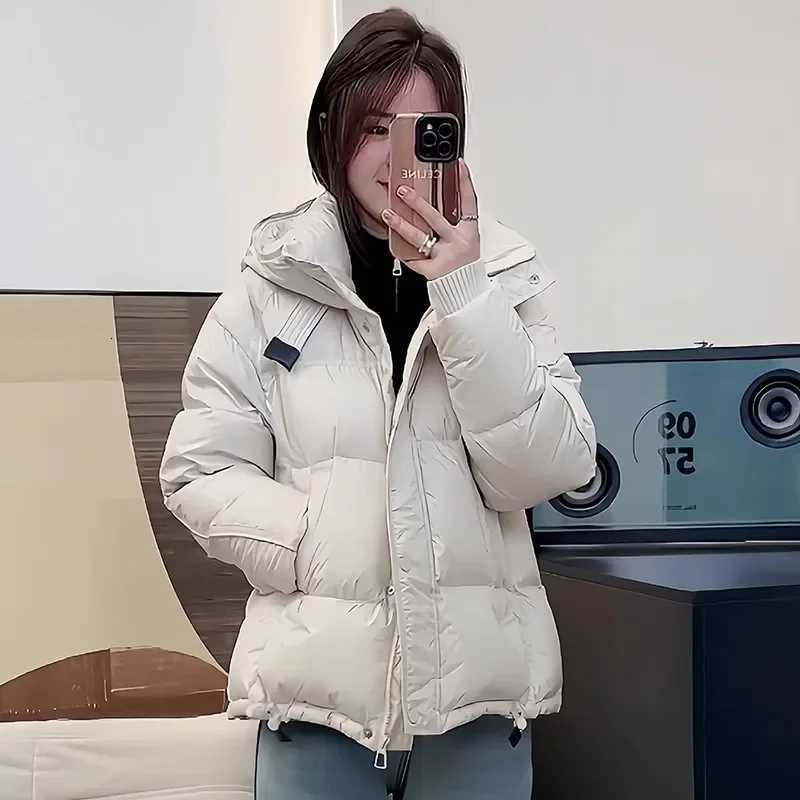 Schinteon Women White Duck Down Jacket with Hood Autumn Winter Warm Outwear Korean Style Over Size Loose Solid Color Coat 2025T251105