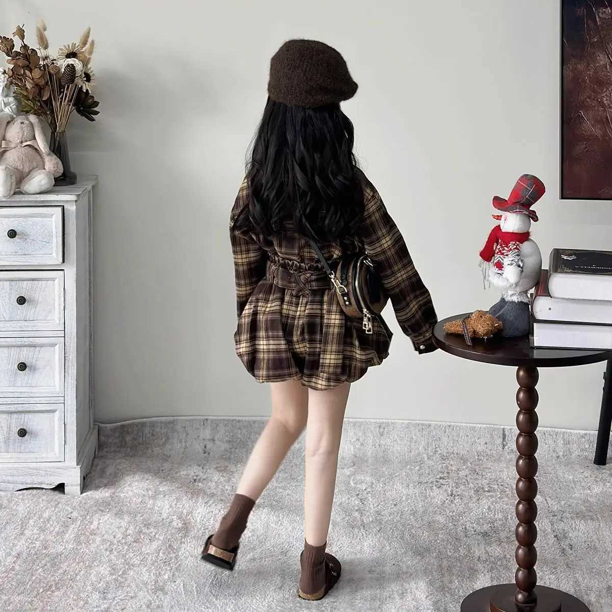 Girls Suit 2025 Autumn New Childrens Clothing Korean Girl Baby Plingham Lapel Long-sleeved Shirt Flower Bud Shorts Two Sets Y251105