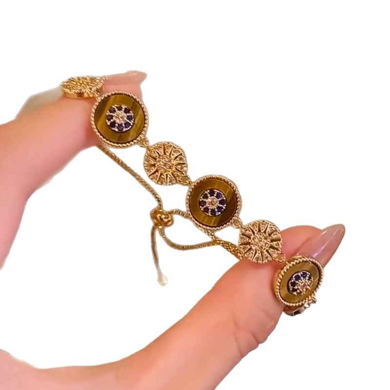 18K Real Gold Plated Tiger Eye Stone Zircon Bracelet Vintage Light Luxury Niche Bangle Elegant High-end Feel Jewelry Wholesale