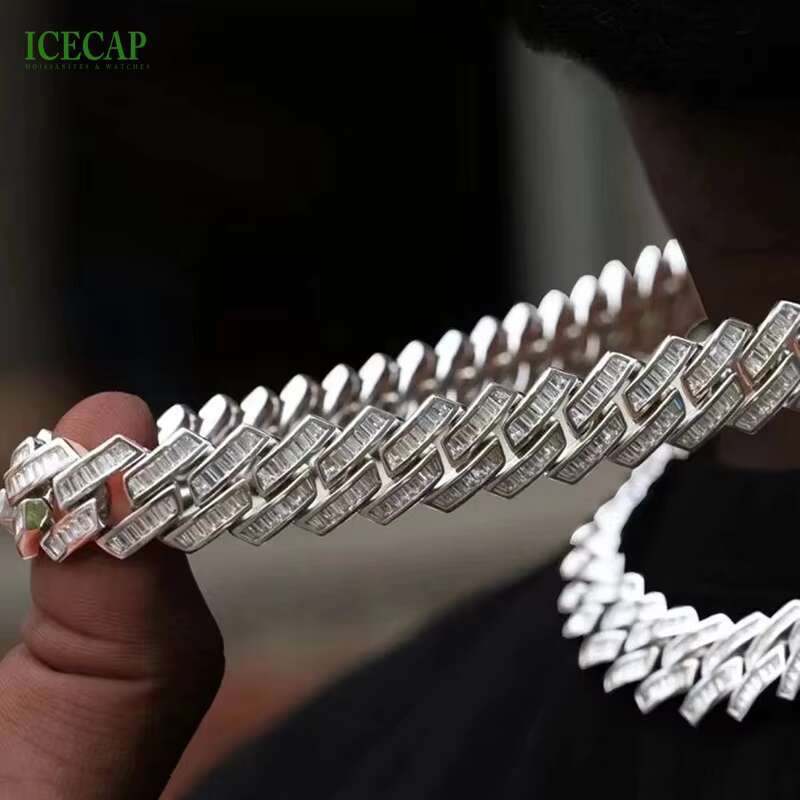 20mm Baguette Miami VVS Moissanite Diamond Custom Cuban Link Chain Charms Necklace 925 Soild Silver Hip Hop Jewelry for Men