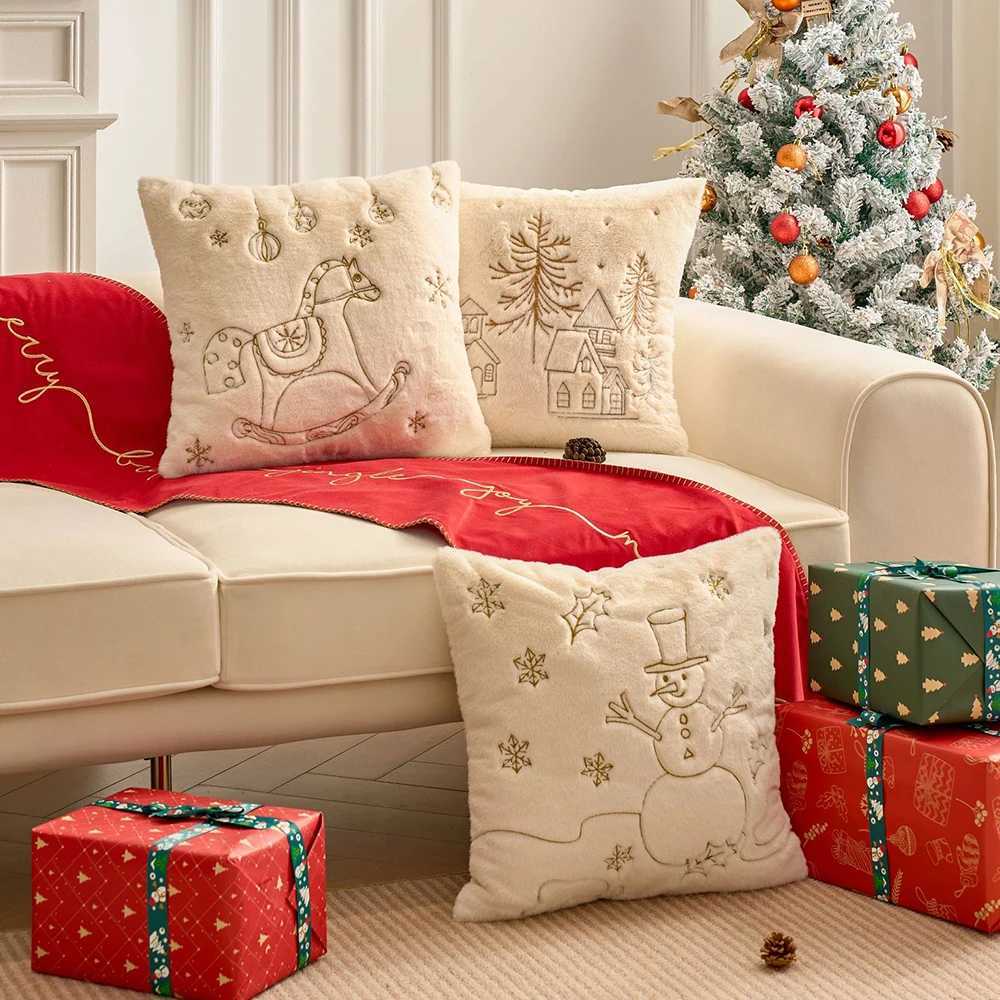 Simple Christmas Embroidered Beige Pillowcase Cojines Plush Winter Sofa Cushion Cover 45x45cm Headboard Pillowcases Decor Home Y251105