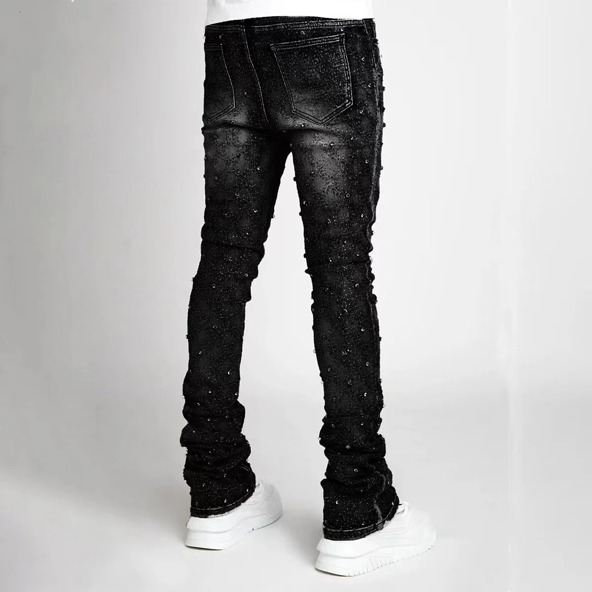 Mens Denim Fashion Personal Straight Leg Mens Trouser European and American Fashion Elastic Pearl Denim Layered Pants 250402