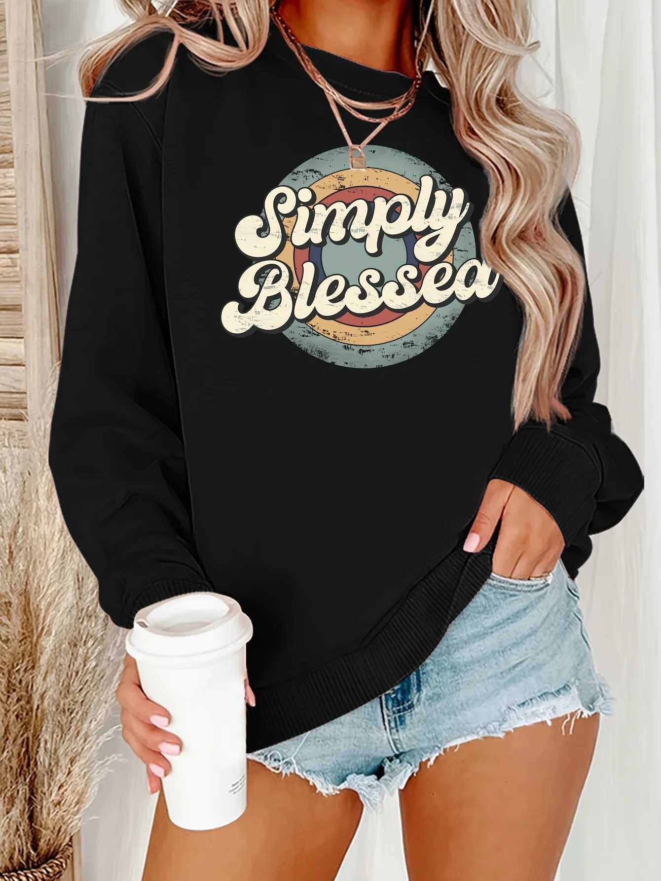 Womens autumn and winter casual wide version pine retro letter printed warm suede long sleeved round neck sweatshirtT251105