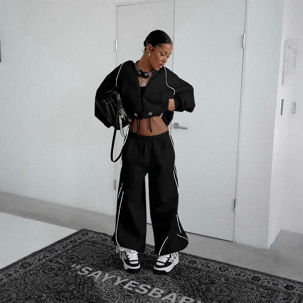 Cross-Border Women's Fashion Line Color-Block Hooded Zipper Sweatshirt Casual Loose Straight-Leg Pants Two-Piece Set For Women B5