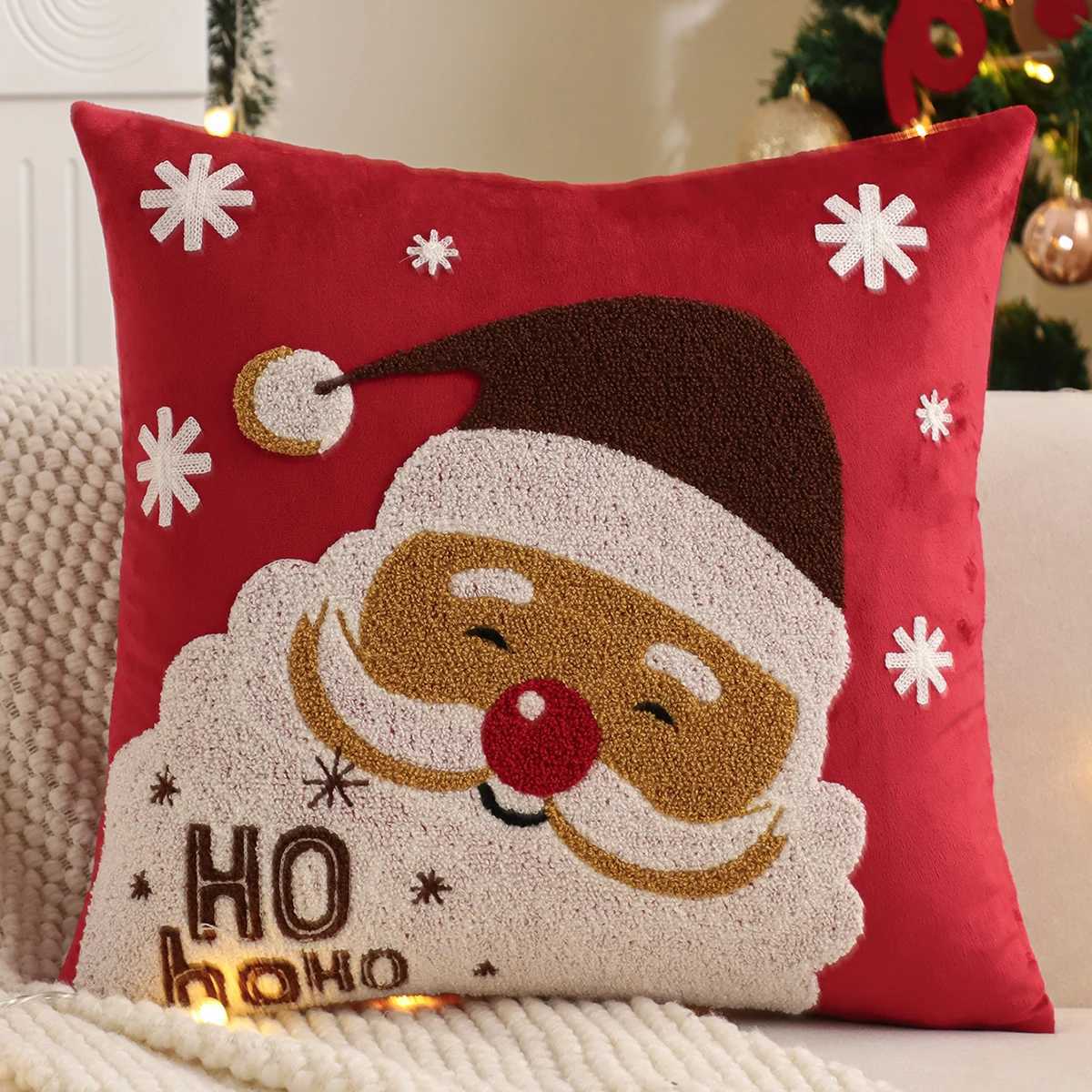 Embroidery Throw Pillow Cover Christmas Decoration Velvet Soft Santa Claus Flowers Winter Farmhouse Home Sofa Living Room Y251105