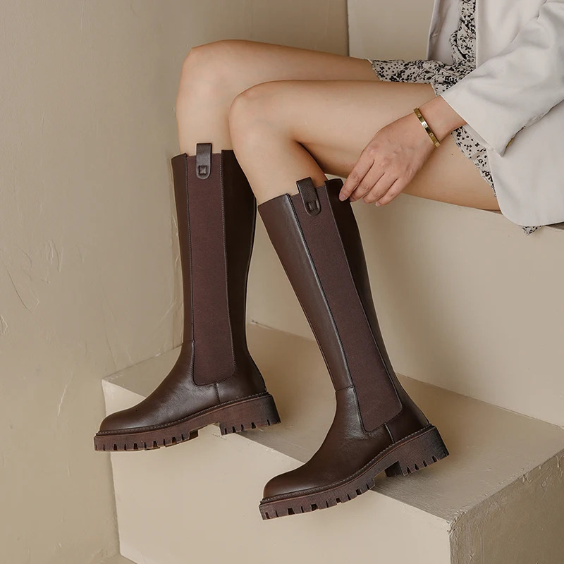 Autumn Winter Womens High Boots Chelsea Boots Cow Leather Round Toe Heel Women Boots KneeHigh Women Shoes Zipper 251031