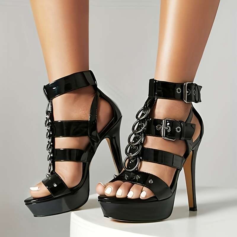 Studded Rivet Deck Sandals - Sexy Open Toe Ankle Strap High, Comfortable Fashion Casual Shoes For Women, Black With White Cover, All-Season Wear, Stil