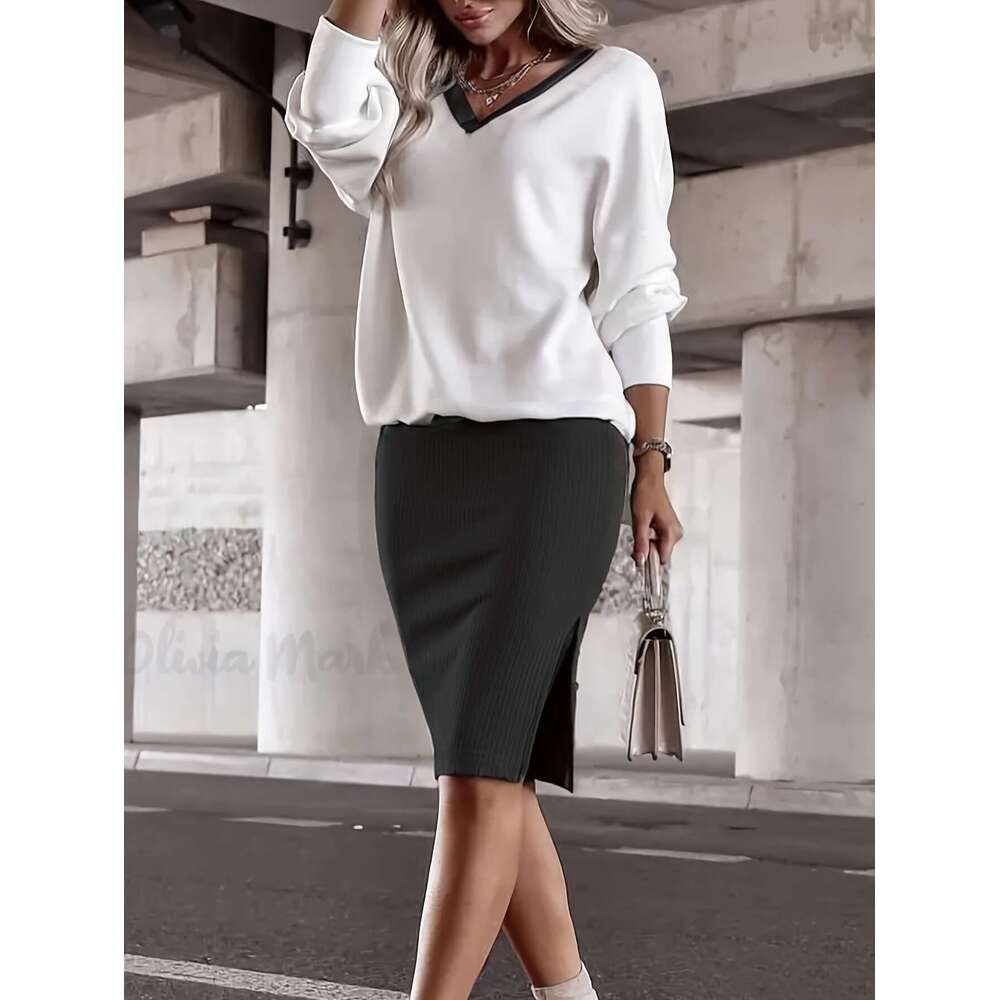 Cross-Border Fashion Women's Clothing Casual Loose V-Neck Sweatshirt Tight-Fitting Half Skirt Long-Sleeve Top Two-Piece Set