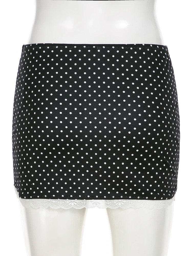 IAMSURE Slim Dot Printed Lace Trim Bodycon Skirts Casual Mid-Waisted Super Mini Skirts Women 2025 Summer Fashion Streetwear Lady 250402