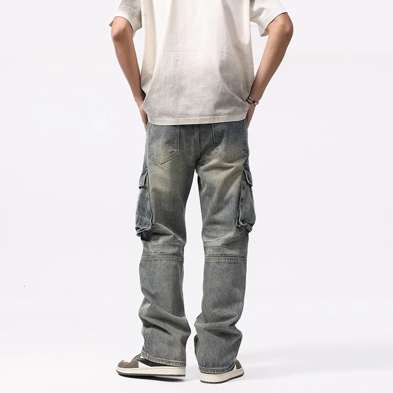 fashion retro multi pocket work clothes work clothes jeans suitable for men loose straight legs masochistic wash fashionable casual pants 250402