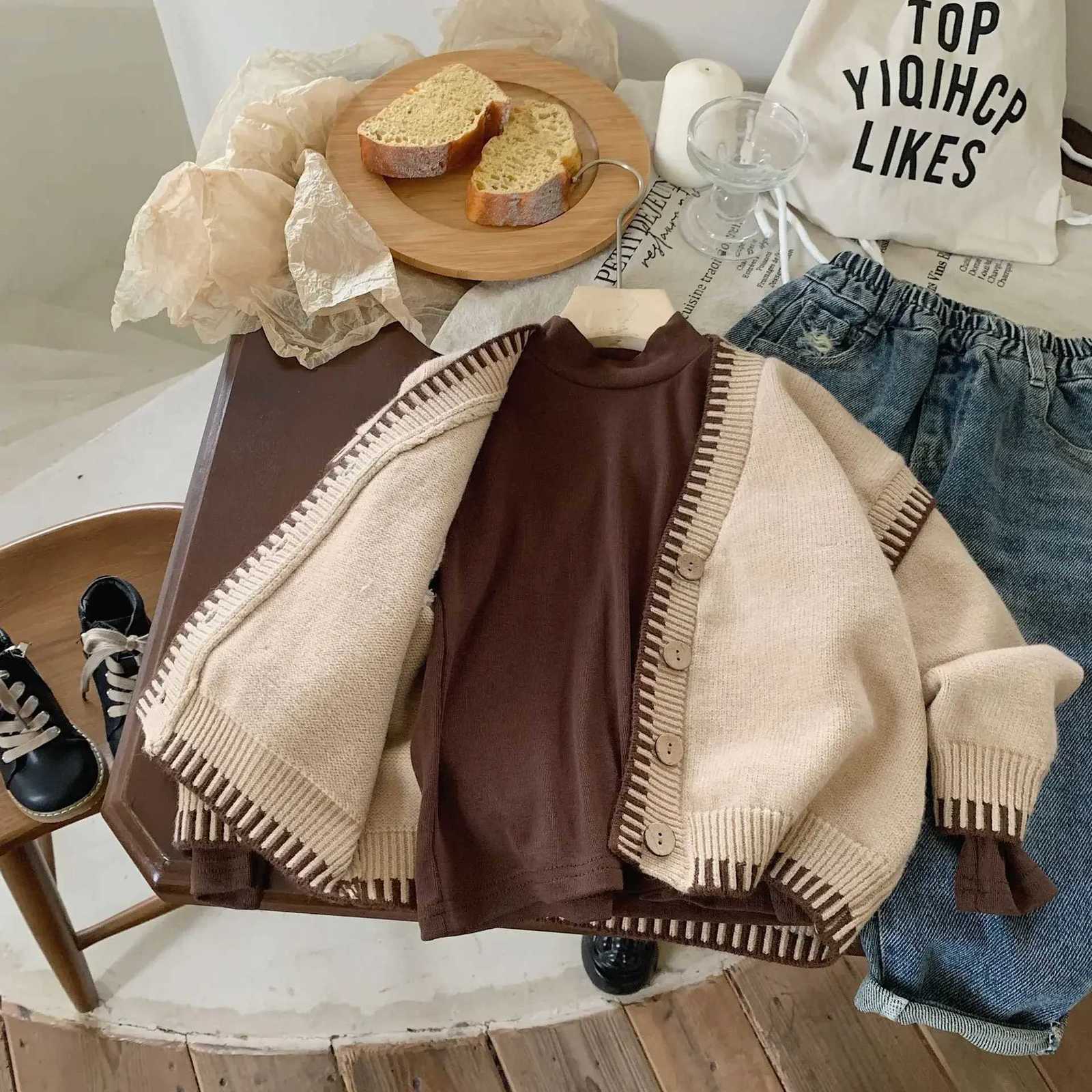Autumn Korean 2024 Ins Children Girls Cardigan Vintage V- Neck Jacquard Weave Literary Baby Girls Sweater Casual Kid Girls CoatT251105