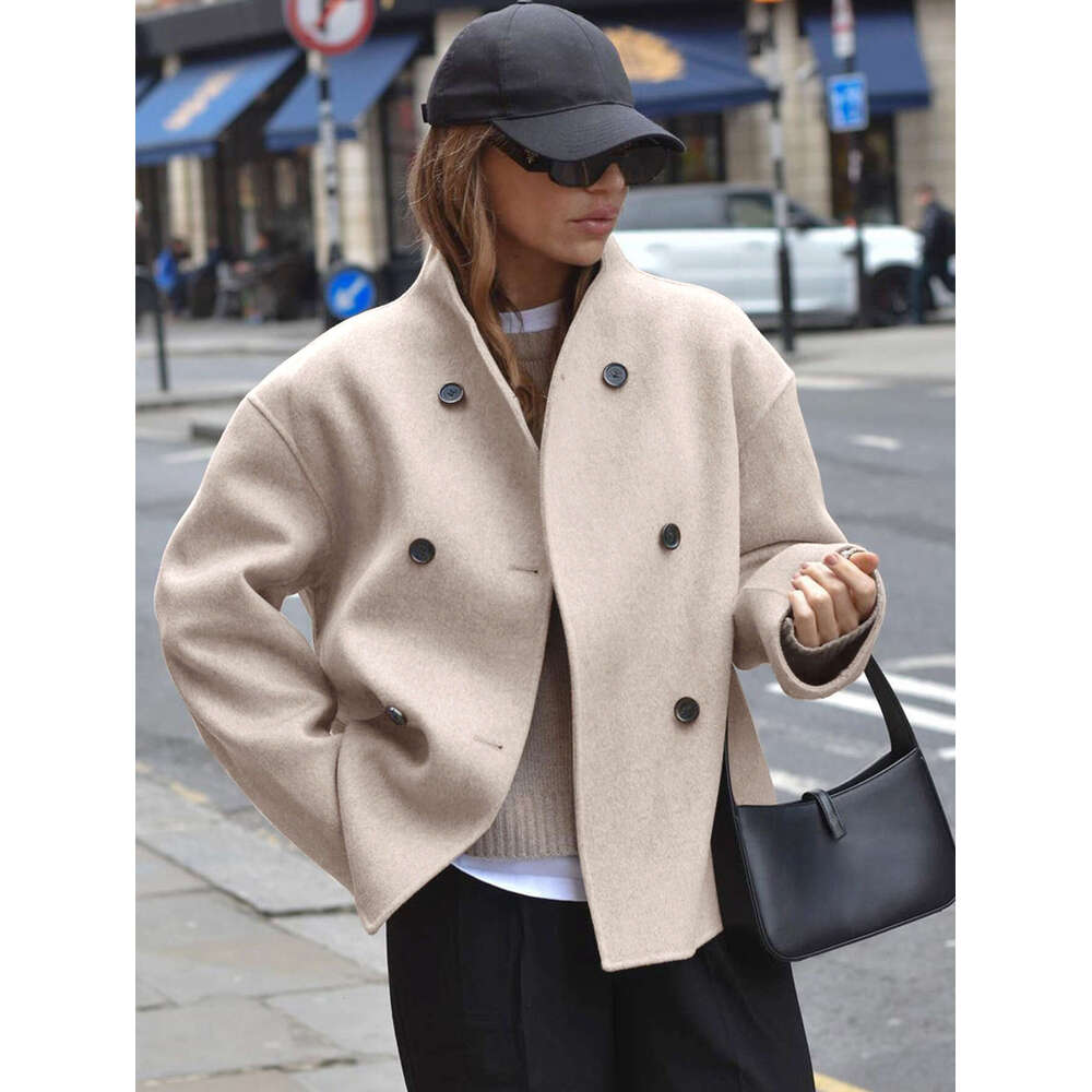 European Size Cross-Border In-Stock Double-Breasted Solid Color Wool Coat Casual Elegant British Style Versatile Women's Top