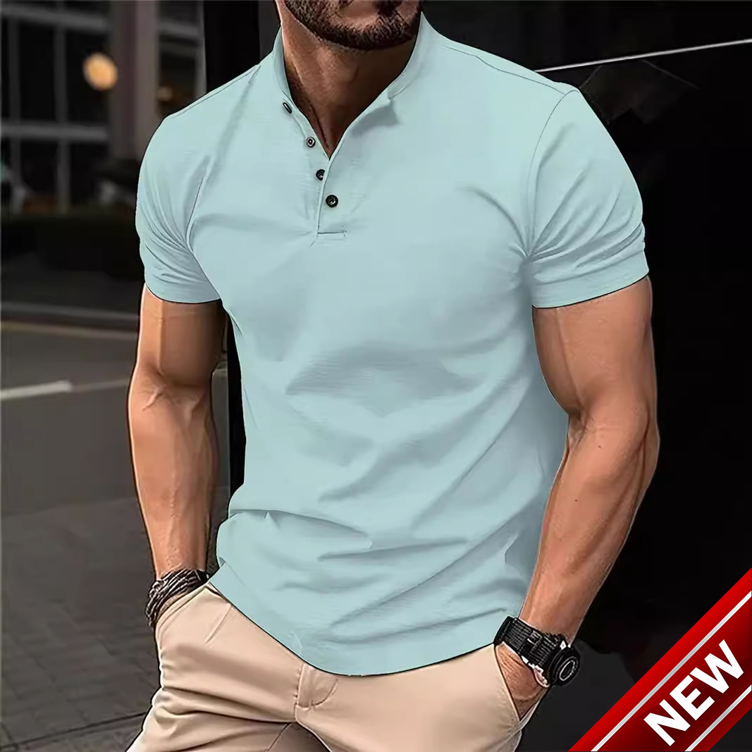 Mens digital printed casual buckle polyester short sleeved T-shirt polo shirt top