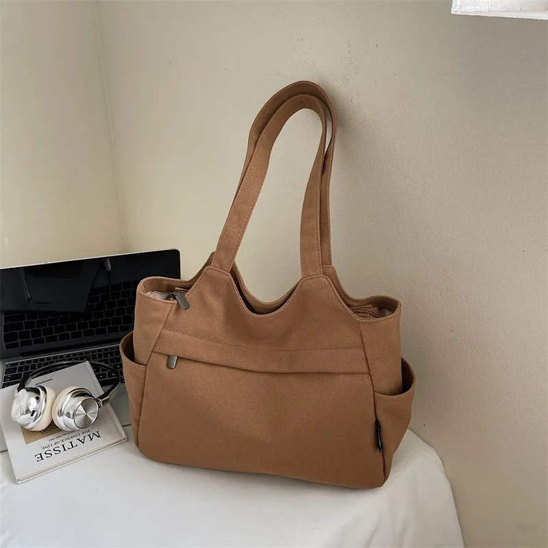 Solid Color Vintage Largecapacity Shoulder Bag Fashionable and Versatile Canvas Bag Simple Tote Bag 251104