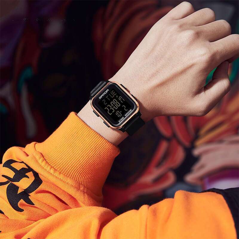 DHwatches Sanda Electronic for Middle School Students, Fashionable Trendy Multifunctional Unisex with Alarm Clock, Square Single Display Sports Watch