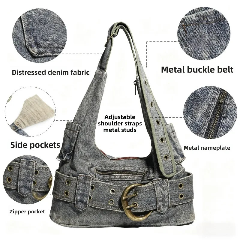Vintage Washed Denim Shoulder Bag with Buckle Accents Distressed Retro Hobo Handbag Y2K Fashion Accessory 251031