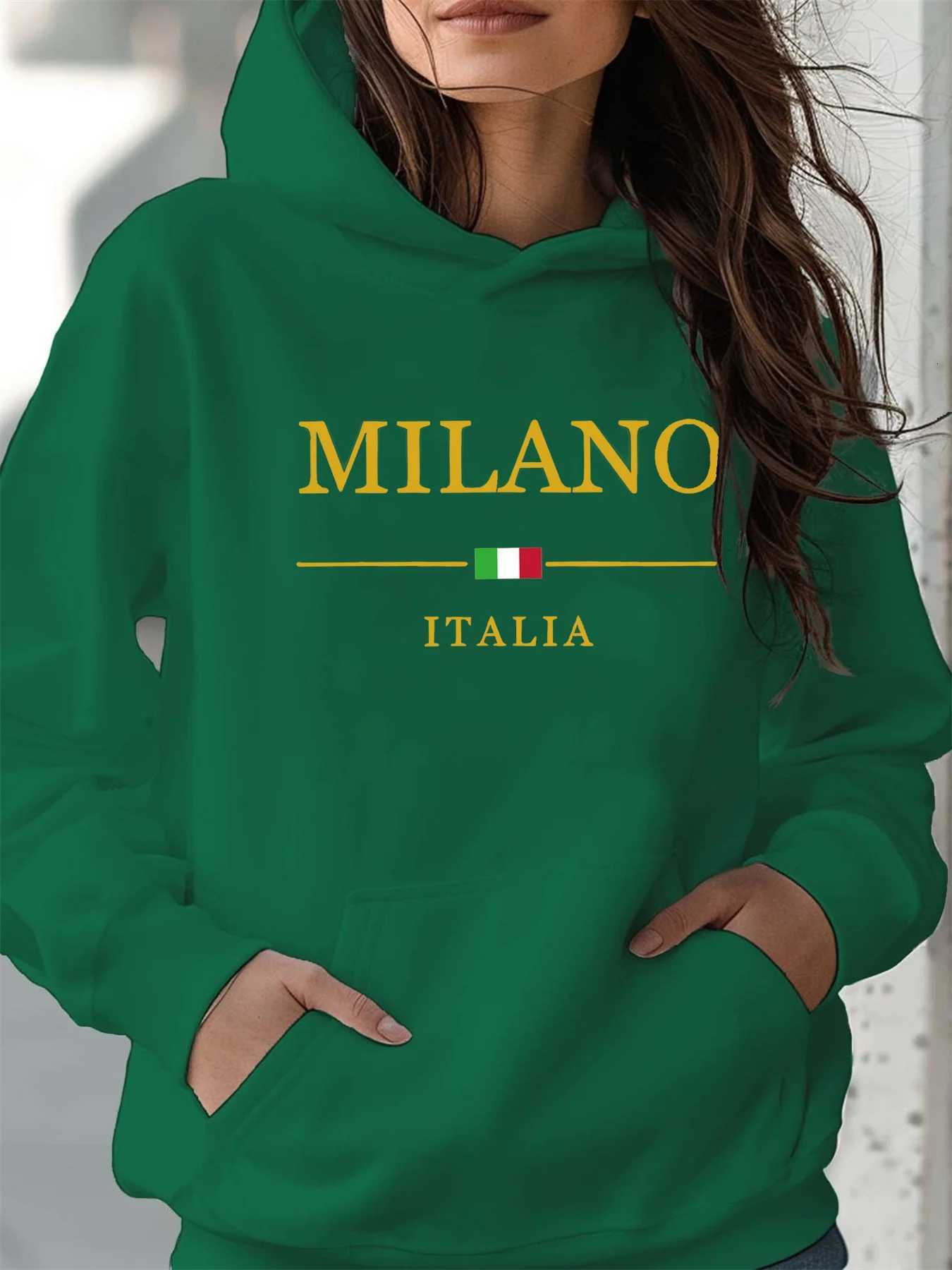 Womens autumn and winter warm and loose casual MILANO ITALIA pattern printed suede long sleeved hooded sweatshirtT251105