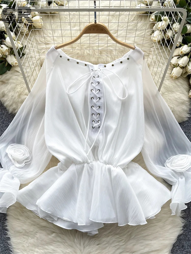 Singreiny Sweet Casual Chiffon Shirt Womens Summer Sparkling Sleeve Shoulder Lace Top Womens Ruffle Vacation Shirt 250402